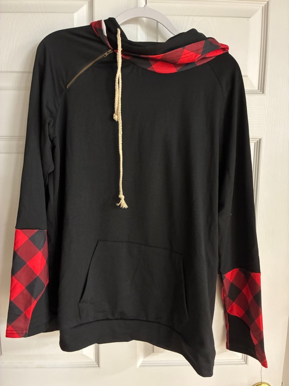 Source Unknown Black Hoodie with Red Buffalo Plaid Trim